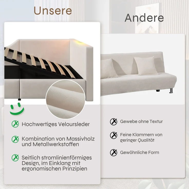 Tagesbett, Samt mit Stauraum & Leselampe, 213x70,5x98 cm, Beige, ohne Matratze – Bild 7