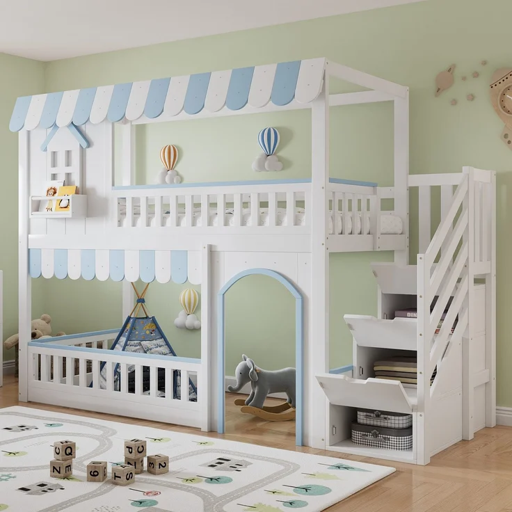 Etagenbett mit Regal, Schrank, Lattenrost, Tür und Treppe, 90x200cm, Kinderbett mit Rausfallschutz, Hochbett, Kiefer – Bild 1