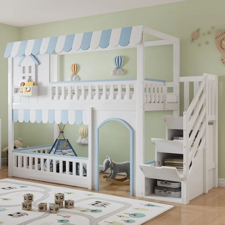 Etagenbett mit Regal, Schrank, Lattenrost, Tür und Treppe, 90x200cm, Kinderbett mit Rausfallschutz, Hochbett, Kiefer