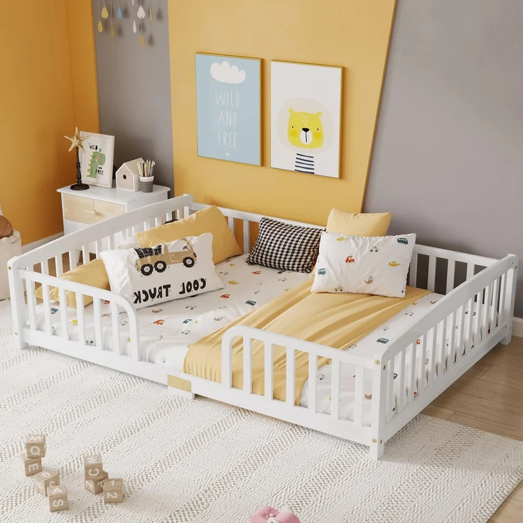 FAVSH Montessori Bodenbett 140x200 cm aus Massivholz, mit Rausfallschutz und mittigem Einstieg, niedriges Bodenbett aus Kiefernholz für Jungen und Mädchen, Einzelbett (Weiß)