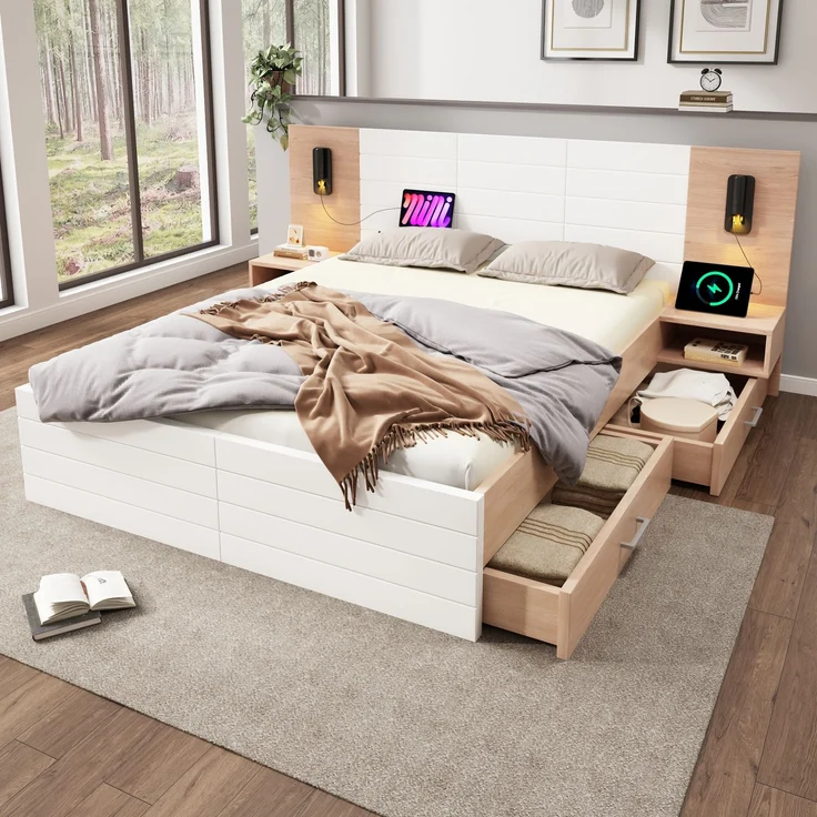 Merax Doppelbett Holzbett 180×200cm mit 2 Schubladen, Kopfteil Leselicht mit USB Ladefunktion, inkl. 2 Nachtkommode, Eiche/Weiß(Ohne Matratze) – Bild 1
