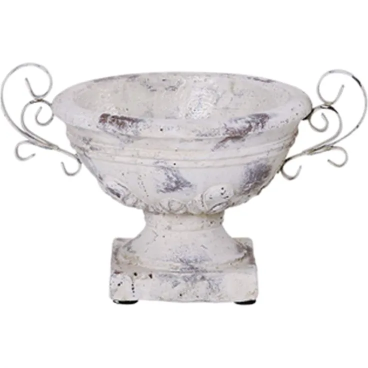 matches21 Sockel Pflanzschale mit Henkel für draußen - 30 cm Shabby Dekoschale in Creme Antik-Optik als Vintage Keramik Blumentopf Pflanztopf - runde Balkon Blumen-Schale Garten Vogeltränke
