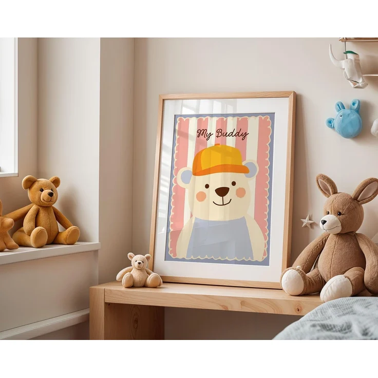 Poster Kinderzimmer Bär · My Buddy Schriftzug · Süßes Tierposter mit Mütze · Rosa & Pastell Deko · Freundliches Wandbild · Ohne Rahmen - 30x40cm – Bild 5