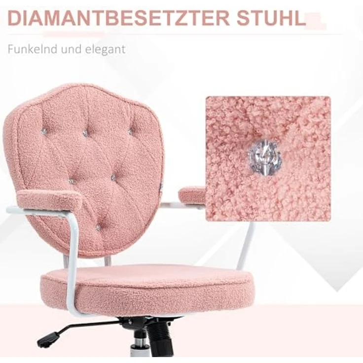 HOMCOM Bürostuhl Ergonomisch Schreibtischstuhl mit Wippfunktion, geknöpftem Bezug (Computerstuhl, 1 St), für Home Office, Teddybärvlies, Rosa – Bild 4