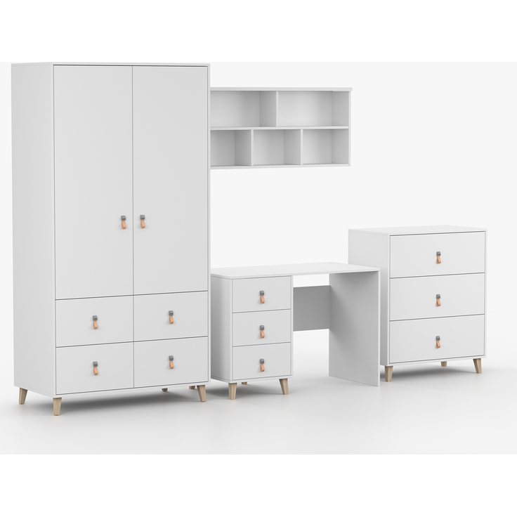 Jugendzimmer Svala in Weiß mit modernen Lederschlaufen als Griffe, Skandinavischer Stil – in verschiedenen Zusammenstellungen wählbar - 4 teilig , kleiner Kleiderschrank + Schreibtisch + Kommode 02 + Wandregal
