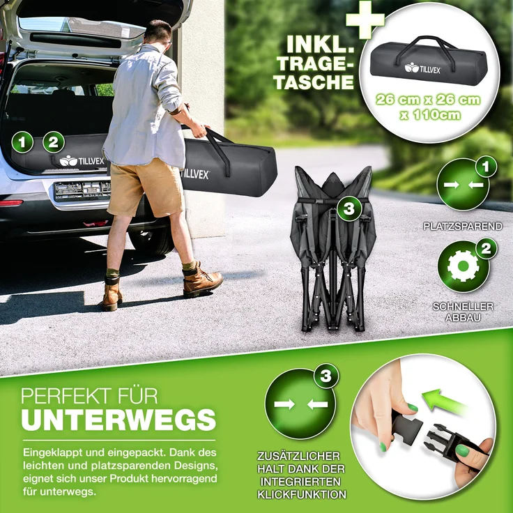 tillvex® Campingbett Schwarz 210 x 80 x 40 cm klappbar mit Tragetasche bis 280 kg | Campingliege extra breit | Feldbett Karpfenliege für Outdoor & Indoor | Klappbett Gästebett faltbar Garten Camping Angeln Festival Reise – Bild 4