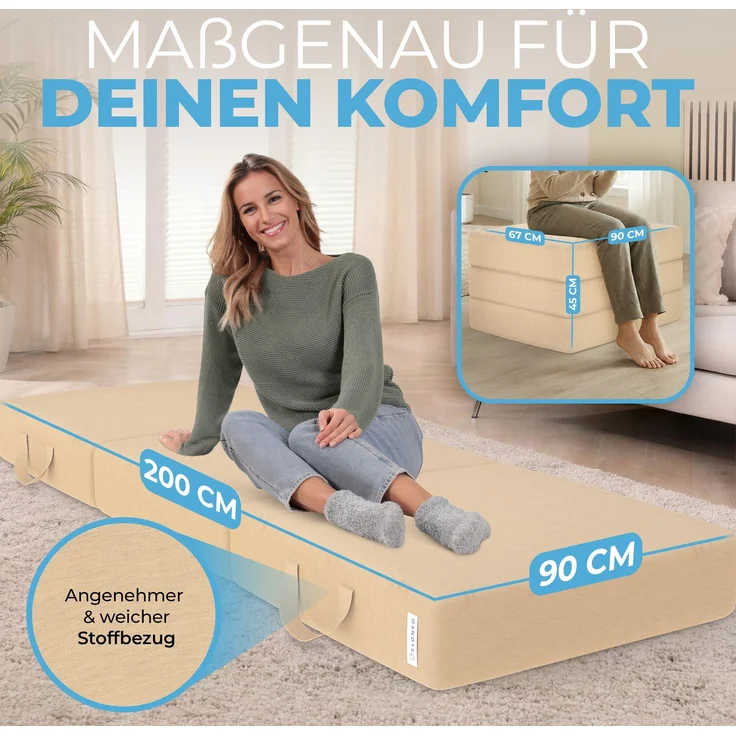 ELONEO Klappmatratze, Gästematratze, 3-teilige Faltmatratze, Schaumstoff extra dick (15cm), waschbar, Bandscheibenwürfel, klappbar, Faltbare Matratze, Erwachsene (Creme, 90 x 200 x 15 cm) – Bild 2