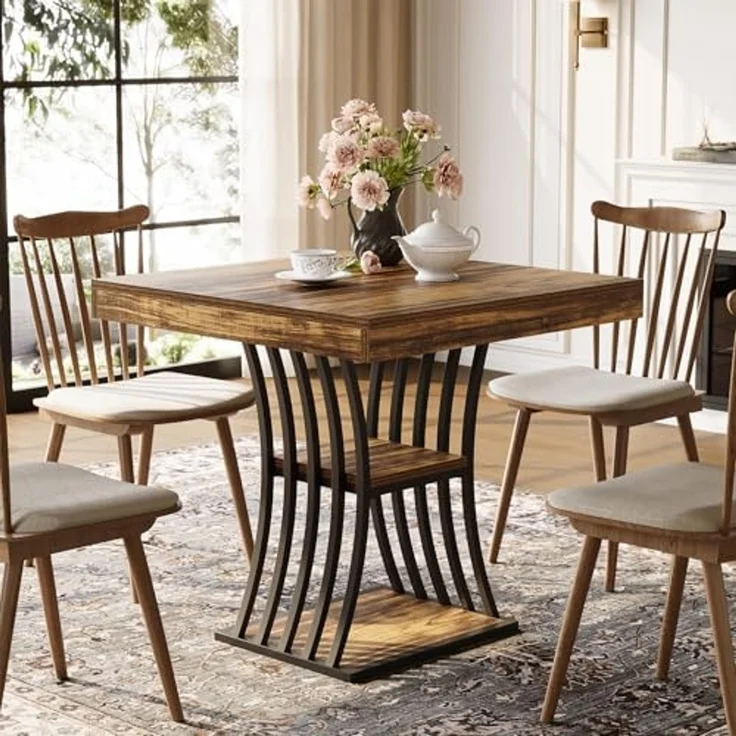 LITTLE TREE 31,5-Zoll-Quadratischer Esstisch für 2 Personen, 2-stufiger Küchentisch im Industriestil mit Stauraum, Metallgestell für Esszimmer, Wohnzimmer, kleine Räume (Braun und Schwarz) – Bild 7