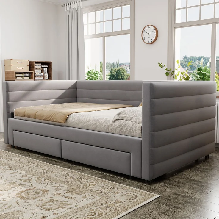 Merax Einzelbett Polsterbett 90 x 190cm/180 x 190cm Schlafsofa mit Ausziehbett, Tagesbett Daybett mit 2 Schubladen, Sofabett mit Lattenrost, Veloursstoff, grau – Bild 3