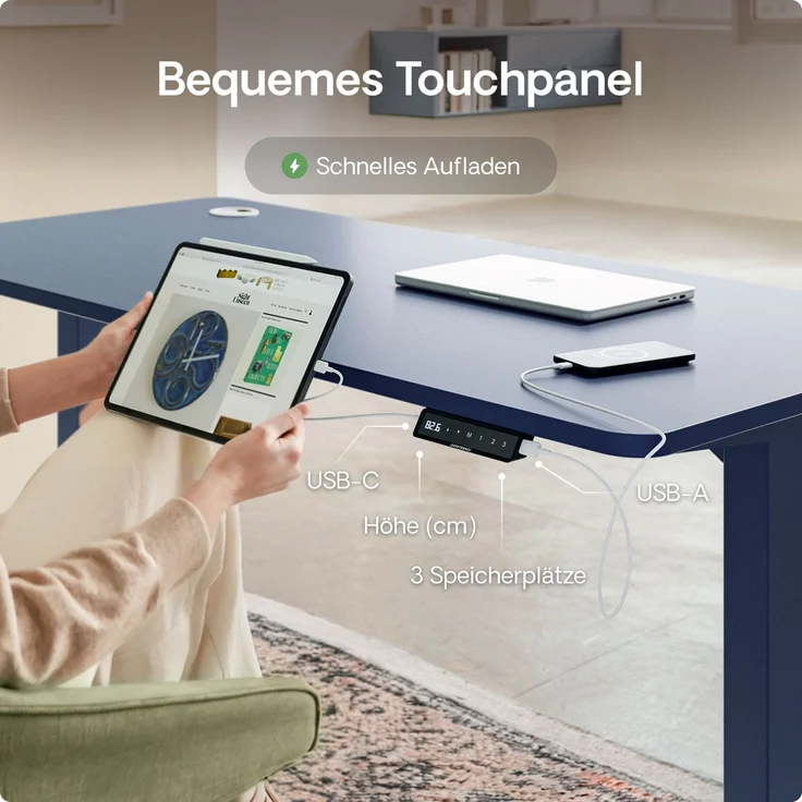 Desktronic HomePro Elektrisch höhenverstellbarer Schreibtisch 180x80cm Blau/Blau mit Memory-Funktion, Anti-Kollisions Technologie, USB-A und USB-C-Ladeanschlüssen – Bild 6