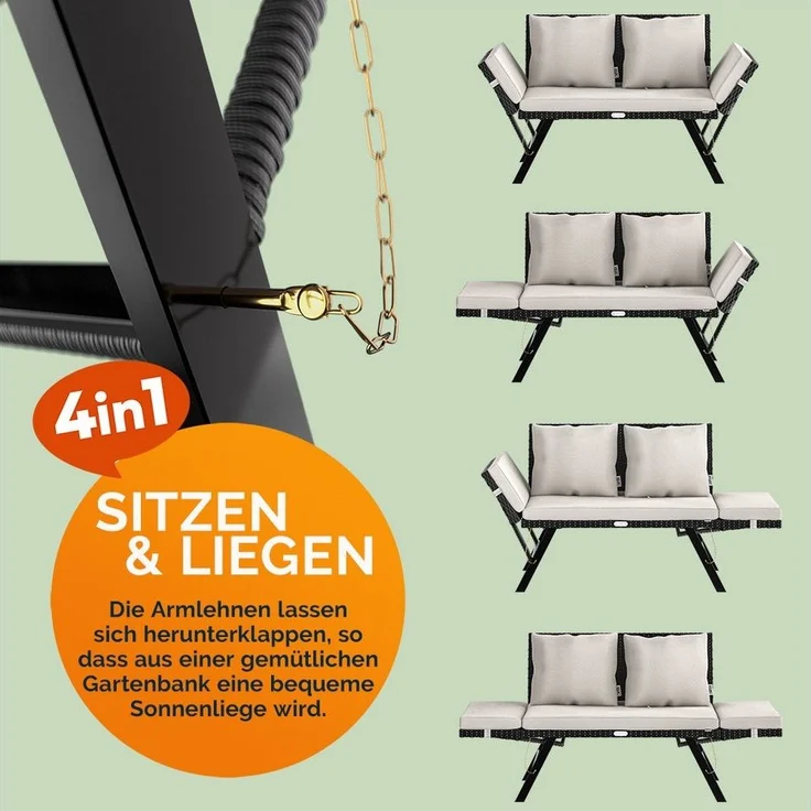 Casaria® Gartenbank mit Liegefunktion / Auflage / Kissen, Polyrattan schwarz / weiß, 176 x 56 x 81 cm – Bild 3
