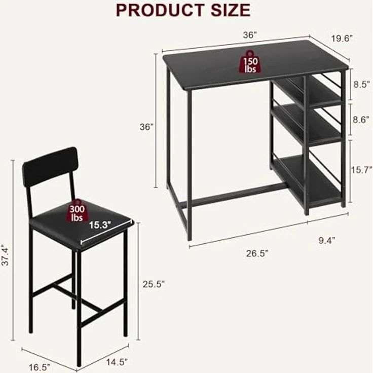 Bartisch mit Barhocker Set, Barhocker 3er Set für 2 Personen mit 1 Tisch + 2 Gepolsterte Stühle, Rückenlehne - Küchentisch mit 3 Ablagen, Esstisch für Wohnzimmer, Esszimmer und Küche, Schwarz – Bild 3