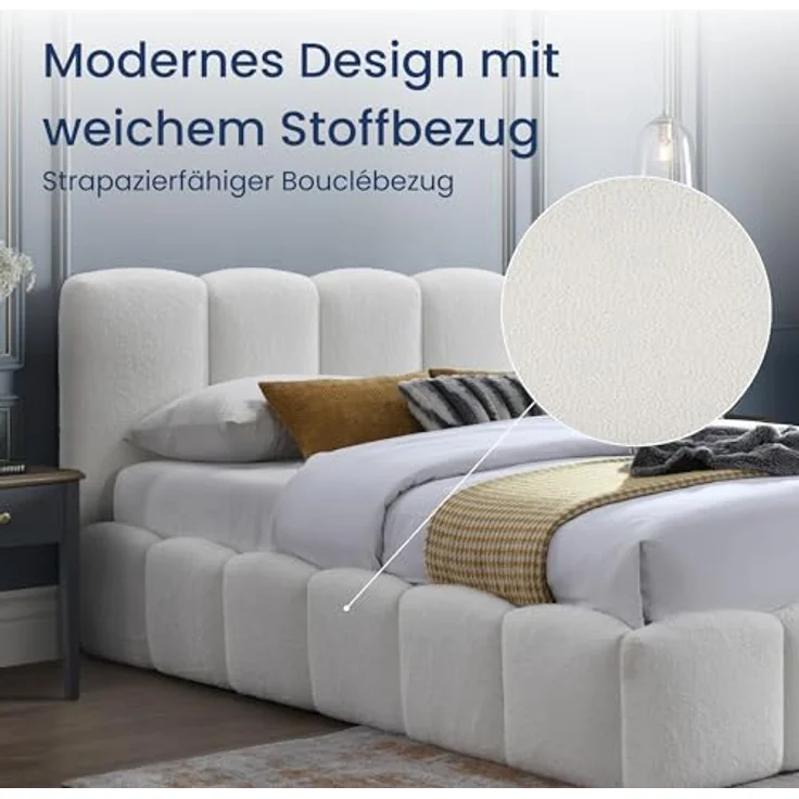 Home Collective Polsterbett Doppelbett mit Lattenrost, gepolstertes Kopfteil, Bouclé-Look, Creme, 160x200 cm – Bild 2