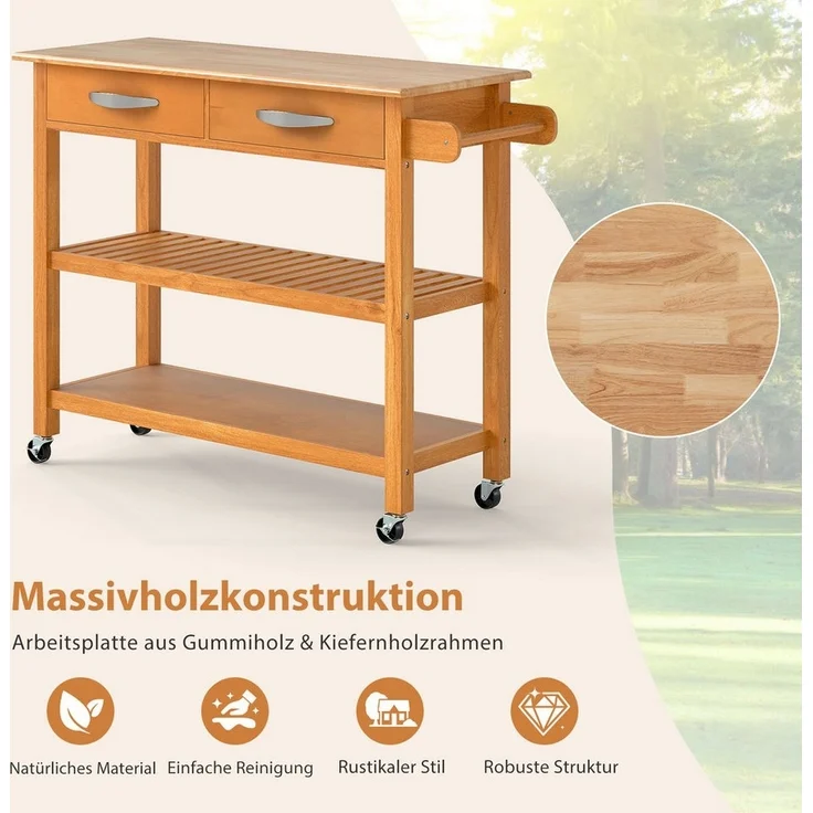 COSTWAY Küchenwagen, mit Rollen, Arbeitsplatte & 2 Schubladen, Holz, natur – Bild 3