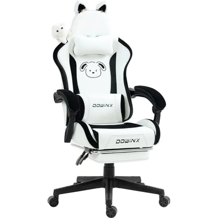Dowinx Gaming Stuhl - Süße Hund Edition - Ergonomischer Computerstuhl mit Hoher Rückenlehne und Lendenwirbelstütze, PU-Leder, Fußstütze, Weiße Hund – Bild 2