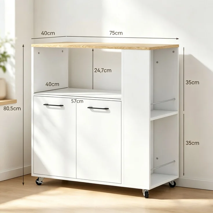 Küchenwagen mit Rollen, Kücheninsel mit Arbeitsplatte und verstellbarem Regal, Maße 75 x 40 x 80,5 cm(nur mit Küchenwagen)--Weiß--75x40x80.5cm--YOUDENOVA – Bild 3