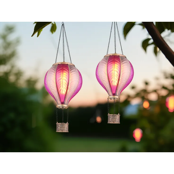 2er Set Deko Solarleuchte mit Heißluftballon in Pink & Rosa, Höhe 46,5cm