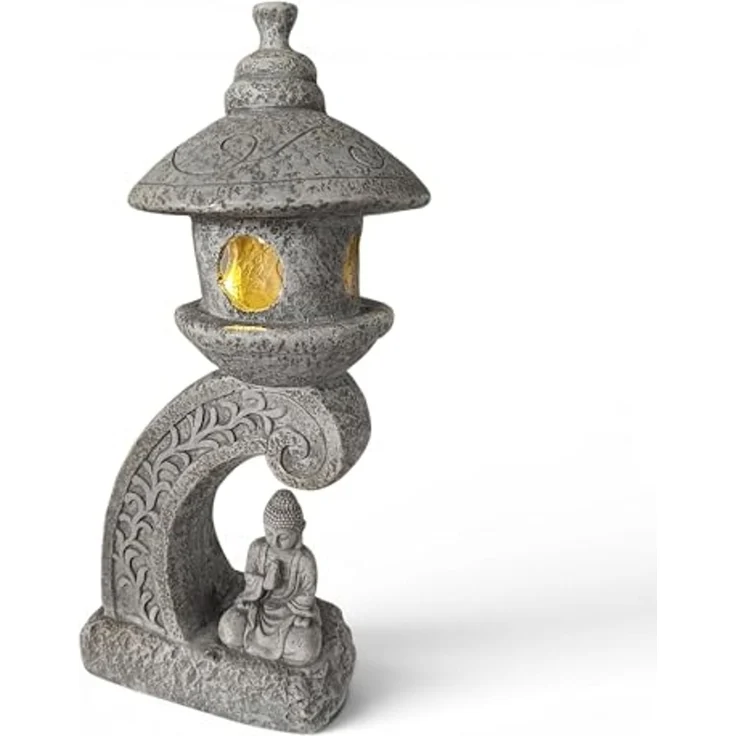 Arnusa LED Solarleuchte Pagode mit Solarlampe Kunststein 60 cm Gartendeko Laterne mit Buddha, LED fest integriert, warmweiß, Japanischer Asiatischer Stil Gartenfigur – Bild 5