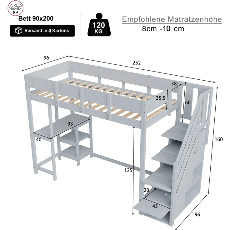 Hochbett 90x200 cm Kinderbett aus massivem Kiefernholz mit Stauraum,Treppe & Ablageregal,platzsparend,sicher,Grau – Bild 4