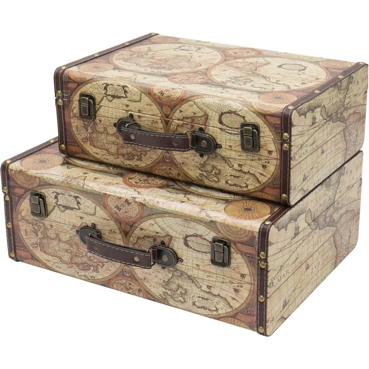 HMF Aufbewahrungsbox Handgefertigter Vintage Koffer aus Holz, Deko Koffer (2 St, versch. Größen), Geschenkkoffer im Weltkarten Design