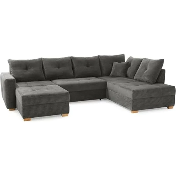 Wohnlandschaft U-Sofa groß Schlaffunktion Couch Bettkasten Cord Dunkelgrau – Bild 7