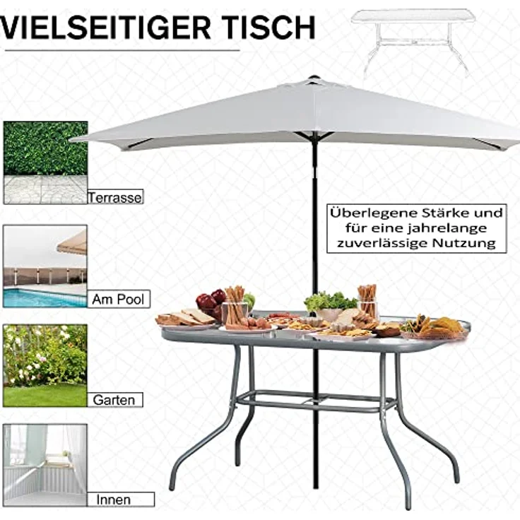 Outsunny Gartentisch, Grau, Metall mit gehärteter Glasplatte, 120x80x70 cm, inkl. Schirmöffnung – Bild 7