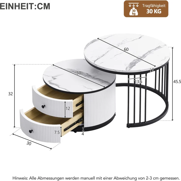2er Couchtisch Set rund in Weiß, Wohnzimmertisch mit Marmoroptik Hochglanz, Beistelltisch mit Schubladen, modernes Tischset MDF – Bild 6