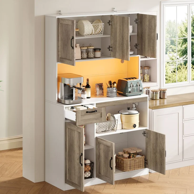 Küchenschrank, hoher Aufbewahrungsschrank mit LED-Beleuchtung und Steckdosen, Vorratsschrank mit 6 Türen und 1 Schublade, Vitrinenschrank für Wohnzimmer und Esszimmer, 110 × 40 × 180 cm--Weiß+Natur--110x40x180cm--YOUDENOVA – Bild 5