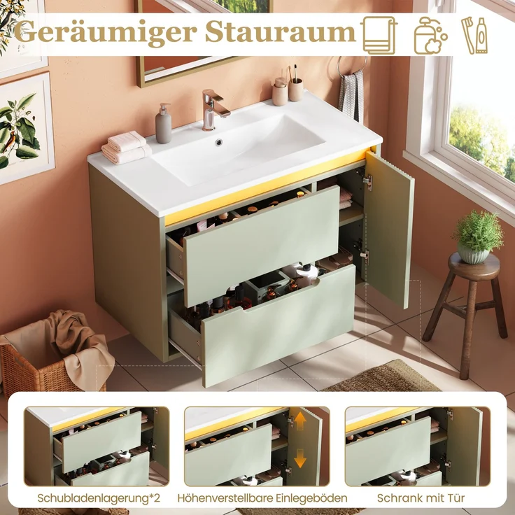 Wandmontierter Waschbeckenunterschrank 81 x 47 x 51 cm aus MDF mit Keramikbecken, LED und Wellenmuster – Bild 5