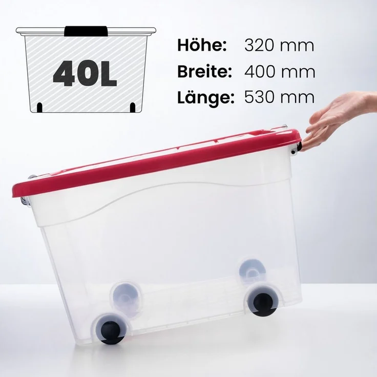 KONZEPT Stapelbox Aufbewahrungsbox 40L mit Deckel & hochwertigen Rollen – bez BPA (1 St), stabilny Verschlüsse, przezroczysty – ​​für Haushalt & Büro – Bild 2