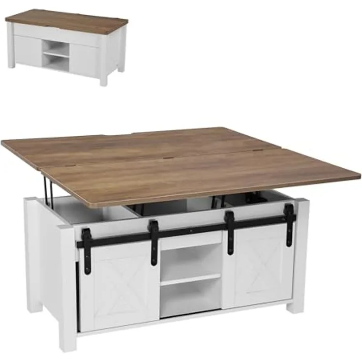 VEVOR Lift Top Couchtisch 100 cm, rustikaler Kaffeetisch mit Scheunentor & verstecktem Staufach, rechteckige Hubtischplatte für Wohnzimmer Büro Zuhause, Wohnzimmertisch Sofatisch Braun + Weiß