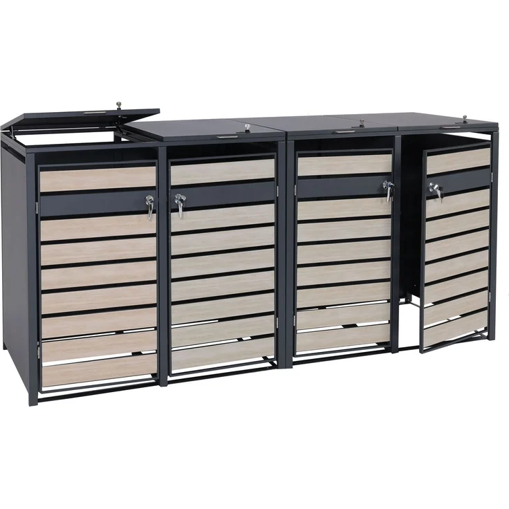 4er Mülltonnenverkleidung HWC-J81, Mülltonnenbox, erweiterbar, Metall 100kg, anthrazit ~ Buche-Holzoptik hellbraun – Bild 9