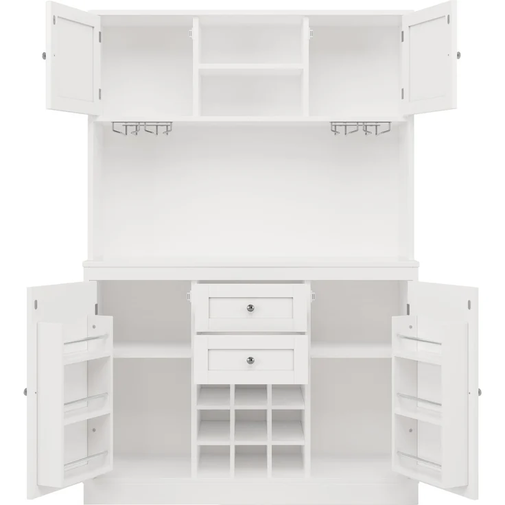 Sideboard 120x40x188 cm in Weiß, mit 4 Türen, 2 Schubladen, offenen Fächern und Weinregal – Bild 4