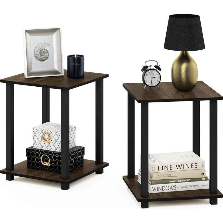 Furinno Simplistic Sofatisch, Couchtisch, Beistelltisch, mit 2 Ebenen, 2-er Set, Columbia Walnut / Schwarz, 39. 6x39. 6x49. 8 cm