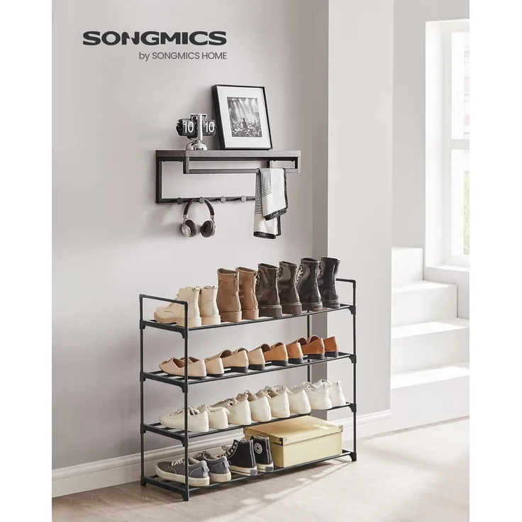 Songmics Schuhregal 4 Ebenen, 2er Set, Schuhständer Metall, Schuhaufbewahrung, Schuh-Organizer für 16-20 Paar Schuhe, stapelbar, für Flur Wohnzimmer Schlafzimmer, 30 x 92 x 74 cm, schwarz LSA08BK
