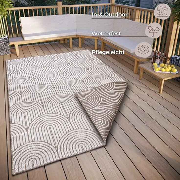 Hanse Home Pangli Outdoor Teppich Wetterfest – Wendeteppich Skandinavischer Boho Style Wasserfest Einfarbig Geometrisch 3D-Effekt für Garten, Balkon, Terrasse, Wohnzimmer – Linen, 240x330cm – Bild 2
