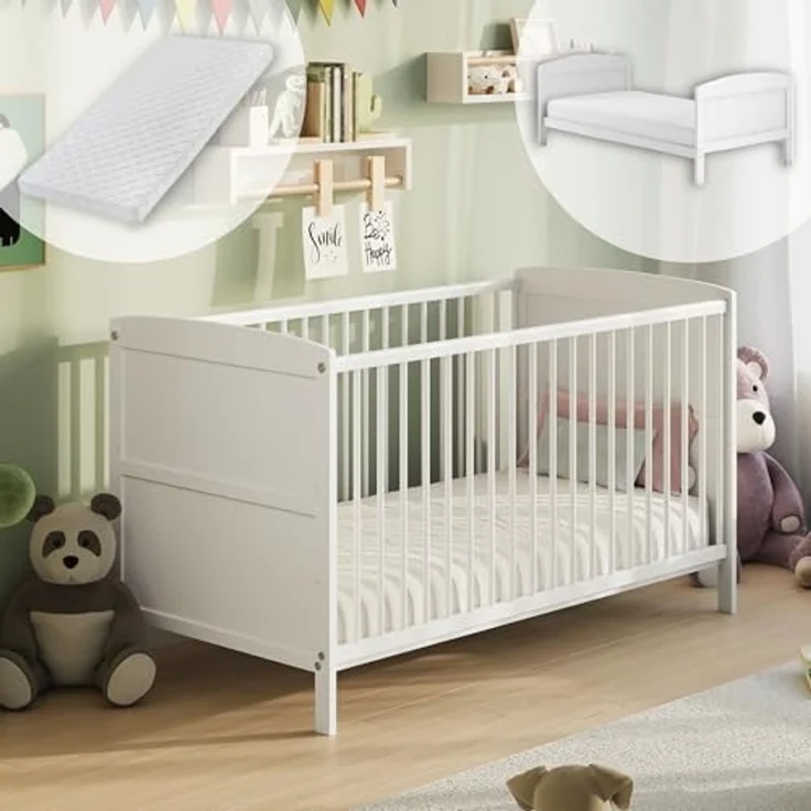 Kids Collective Babybett Kinderbett 60x120/70x140 cm umbaubar zu höhenverstellbares Lattenrost, 60x120 cm, Weiß mit Matratze von Geburt bis 3. Lebensjahr – Bild 1