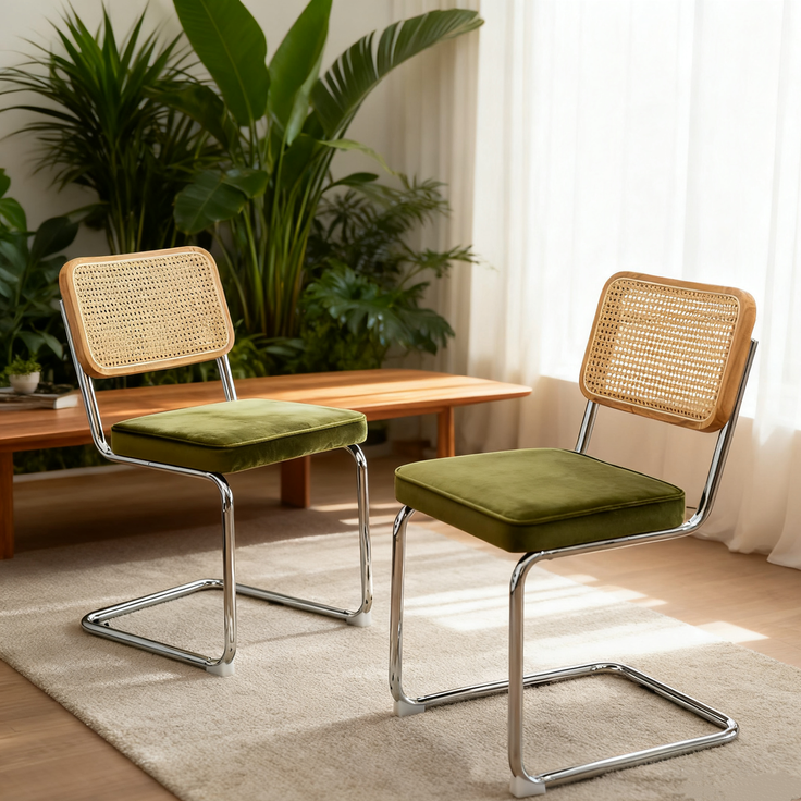 LVHOM Freischwinger 2er Set Esszimmerstuhl, Retro Küchenstuhl mit Chromgestell & Rattan-Rückenlehne, gepolsterter Samtsitz, stapelbar, moderne Wohnzimmerstuhl, Olivgrün – Bild 2