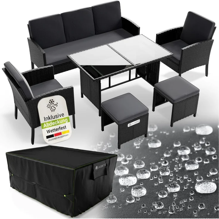 Juskys Polyrattan Gartenmöbel Sitzgruppe Turin Set 6 teilig inkl. Abdeckung - 7 Personen - Outdoor Möbel mit Sessel, Hocker, Tisch & Kissen - Garten Loungemöbel Schwarz – Bild 1