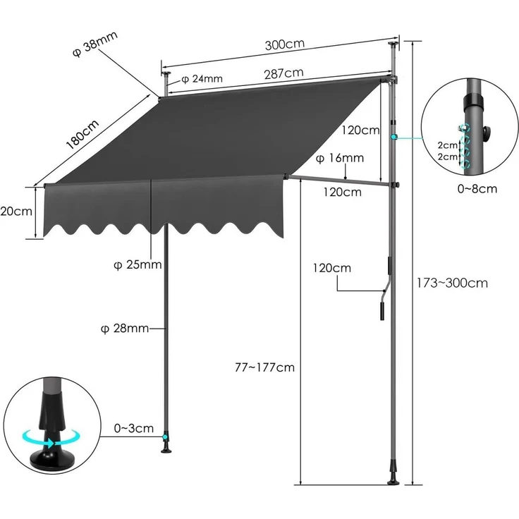 TLGREEN Klemmmarkise,Balkonmarkise,Sonnenschutz mit Handkurbel, (Wasserdicht UV-beständig Höhenverstellbar) Wasserabweisend Terrassenüberdachung – Bild 4