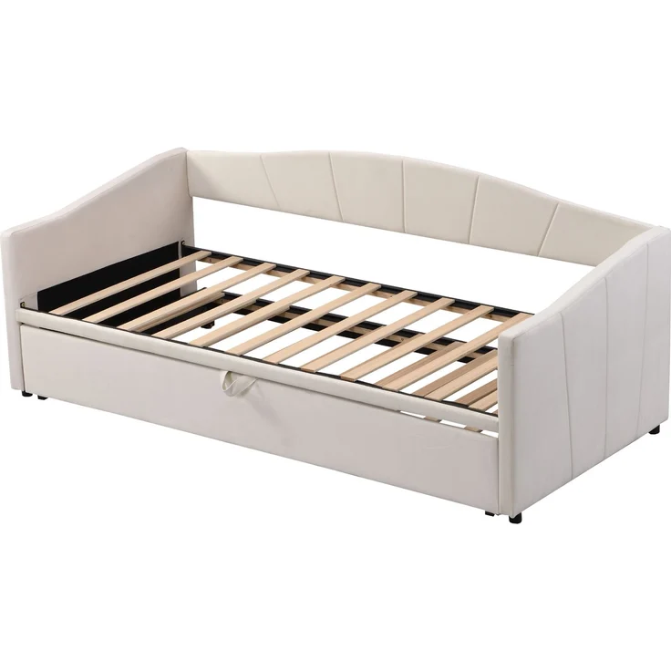 Polsterbett Ausziehbett 90/180x200 cm in Beige, Samtbezug, mit Lattenrost, Matratze nicht enthalten – Bild 6