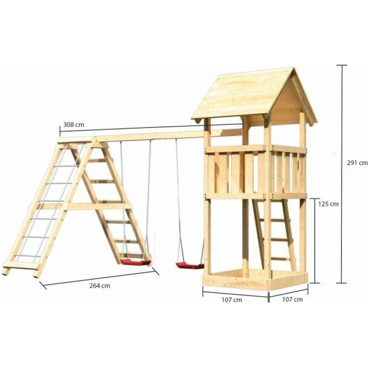 Karibu Kinderspielturm Lotti Satteldach mit Gerüst / Doppelschaukel naturbelassen 1,07 x 1,07 x 2,91 m – Bild 2