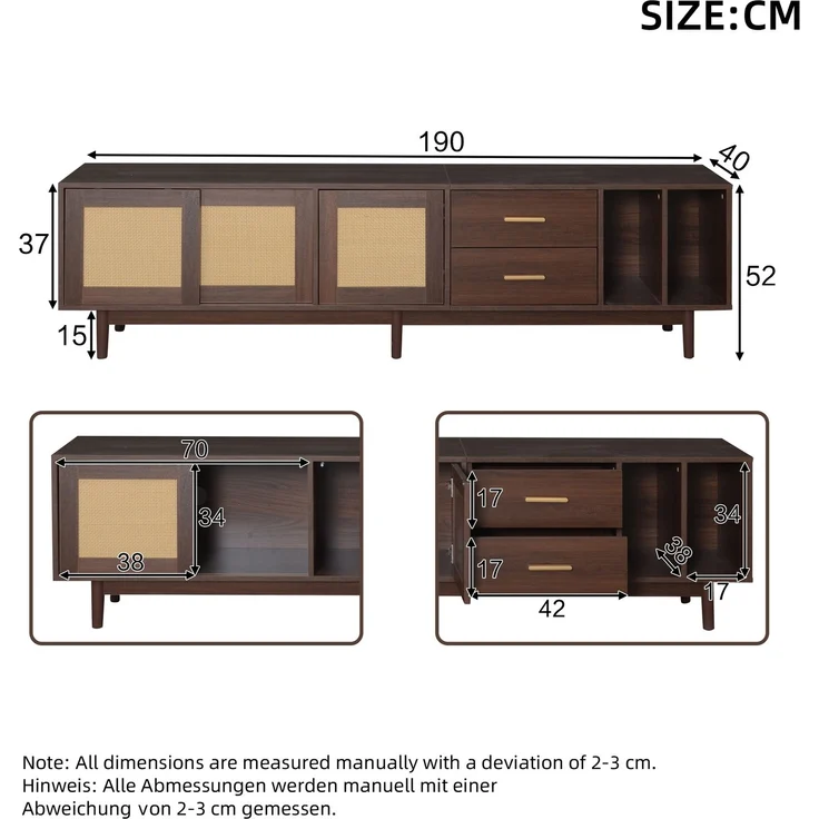 TV Schrank Lowboard 190x40 cm Braun Spanplatte Rattan Türen 3 Türen 2 Schubladen halboffen Wohnzimmer Board – Bild 10