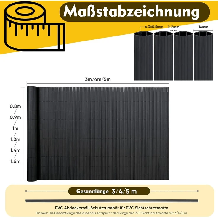 Sekey PVC Sichtschutzmatte mit Abdeckprofil & Kabelbindern - für Balkon Garten, Anthrazit 140x400 cm – Bild 7