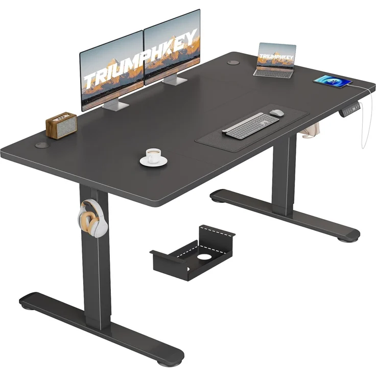 TRIUMPHKEY Höhenverstellbarer Schreibtisch 140x70, 18mm Tischplatte & USB-A | Schreibtisch Höhenverstellbar mit 3 Memory-Steuerung,Sitz‑Erinnerung & Kabelmanagement, Computertisch,Standing Desk,Schwarz