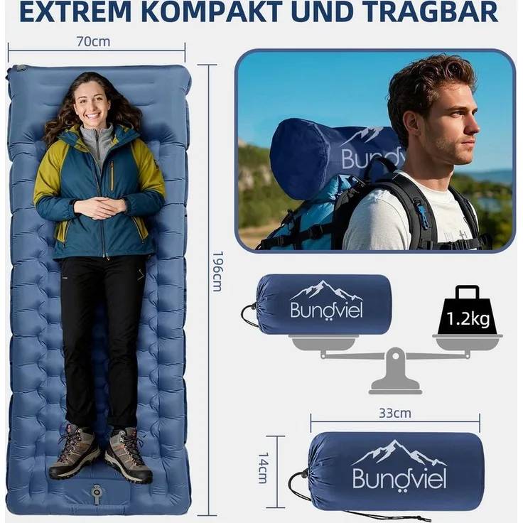 Bundviel Luftbett Camping Selbstaufblasend 12cm Dicke Luftmatratze Utraleicht mit Fußp