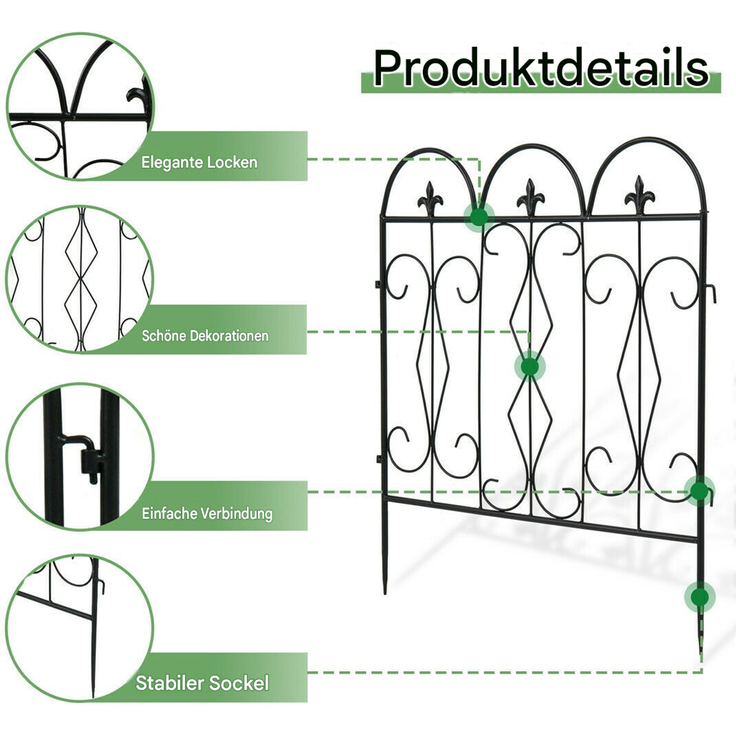 UNHO Gartenzäune Beetzaun Metall Rankgitter Dekozaun Betteinfassung Beetbegrenzung 5 Stück Teichzaun Gartenzaun Steckzaun Metall Zaun Zaunelement Gehege Zaungitter Schwarz 61x70 cm – Bild 4