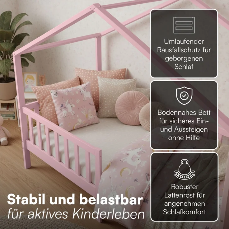 Bellabino 'Bia' Hausbett 90x200 cm mit Matratze, rosa, Kiefer Massivholz, Bodenbett in Hausoptik, Montessori Kinderbett mit Rausfallschutz und Lattenrost – Bild 3