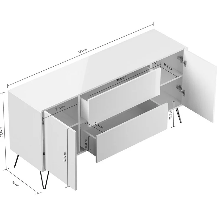 Magnolia Home Sideboard Sideboard Yako 155cm 2 SoftClose 2 Türen Weiß hochglanz – Bild 2