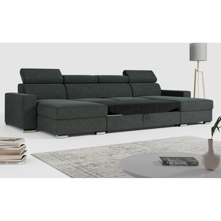 'FOX-U' Ecksofa, U-Form, mit Schlaffunktion und Bettkasten, Dunkelgrau, Stoff – Bild 3